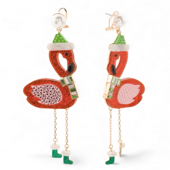 Betsey Johnson Santa Red & Pink Christmas Flamingo Statement Drop Earrings Gift - Picture 1 of 3